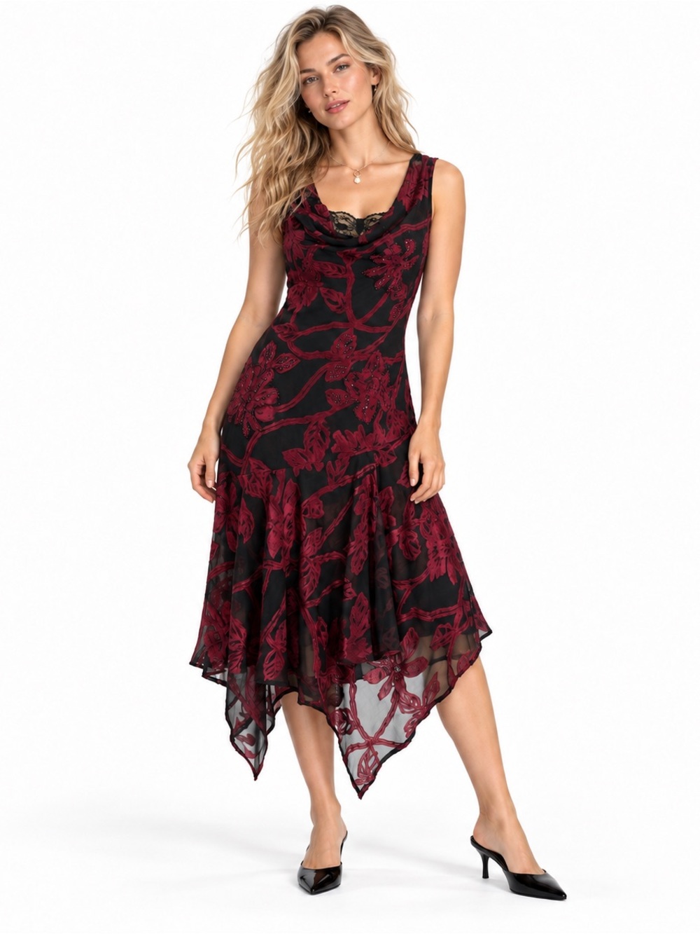 Connected Apparel Vintage Y2K Burgundy Velvet Floral Sequin Midi Dress Medium